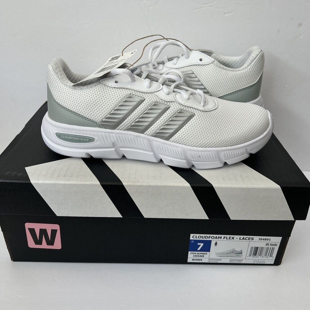 Adidas Womens Cloudfoam Pure Running Shoes Size 7 Wide White Silver Sneakers NIB